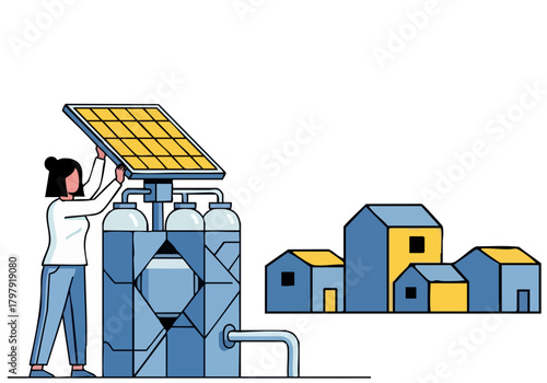 A woman installs a solar water pump, connecting it to a water tank and providing access to water for a rural community. Modern illustration.