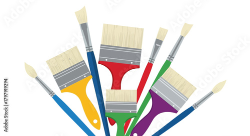 Variety of colorful paint and art brushes for creative projects