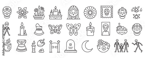 Celebrate Día de los Muertos with these elegant line icons representing sugar skulls, candles, butterflies, and marigolds for vibrant designs