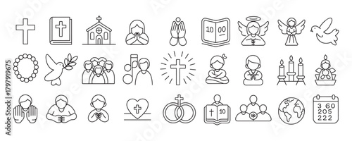 Elegant line art set of faith, hope, and love icons for web design or religious projects, creating a spiritual and uplifting theme with clean modern styling