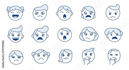 Diverse cartoon faces showing various human emotions and moods