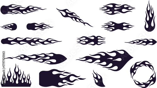 Collection of black flame graphics and fire decals for design