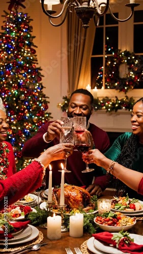 Family gathering around a festive dinner table during the holiday season