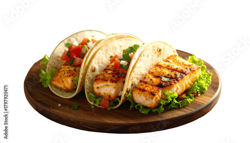 Three colorful tacos with grilled fish, salsa, and cilantro on a wooden plate