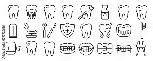 Professional dental icons set illustrating oral care, healthy smiles, and modern dentistry tools for medical websites and brochures