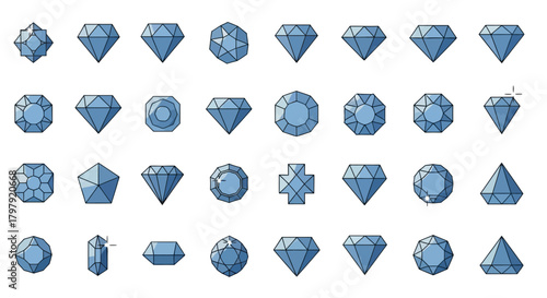 Blue diamond and gemstone vector icons set, various cuts shapes.