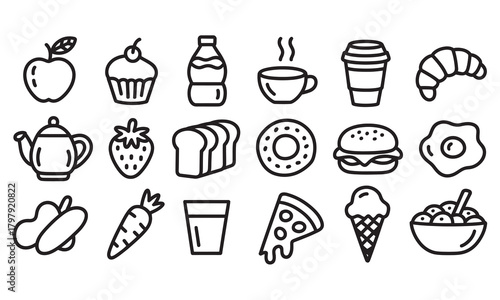 Vibrant collection of modern line art icons representing diverse food and drink items for creative projects