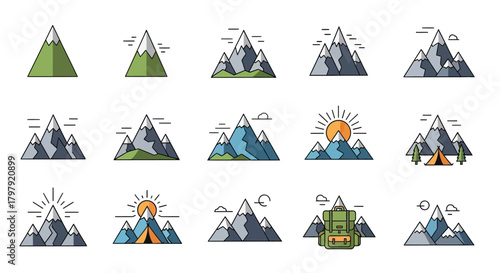 Collection of diverse flat design mountain icons for outdoor themes