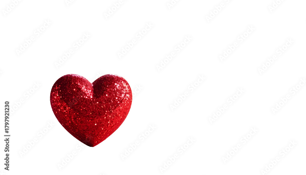 Fototapeta premium A shiny red heart, covered in glitter, is positioned against a solid black background