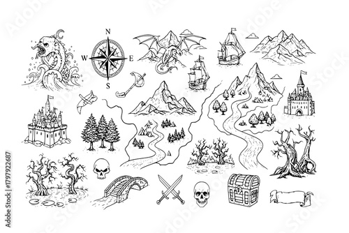 Fantasy map elements illustration, drawing, engraving, ink, line art, vector
