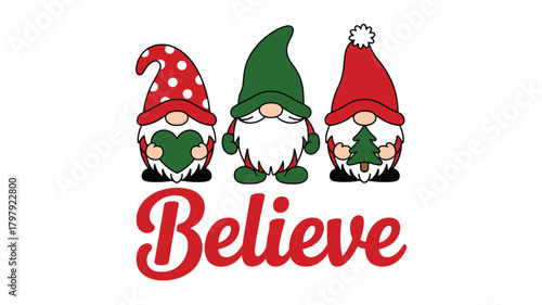 Three festive christmas gnomes with pointed hats and beards standing together above the word believe in a charming silhouette style