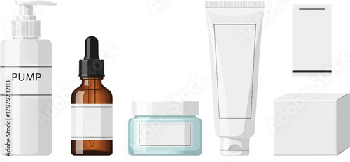 Collection of white and glass cosmetic bottles and jars with blank labels on a white background