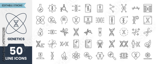 Genetics line icons set with editable stroke. Containing biology, DNA, experiments, gene, genetic, genome, research, chromosomesand more. Vector illustration