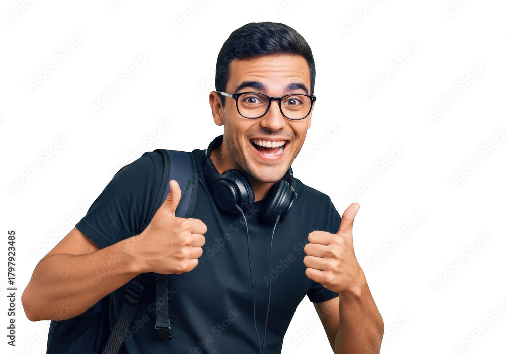 Fototapeta premium Excited young man wearing glasses and headphones with a backpack giving two thumbs up isolated on transparent background