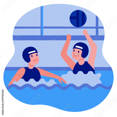 Water polo players in the pool, dynamic game, team sport, blue background