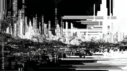 Abstract black and white city data glitch digital art background texture. Vector, illustration.