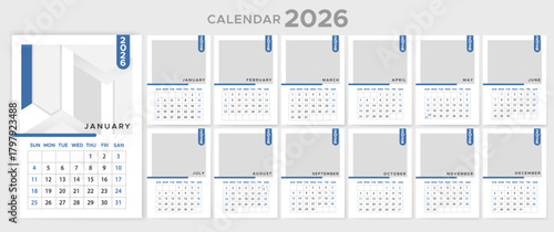 Vector wall calendar template for 2026, wall calendar planner with blue geometric shapes.