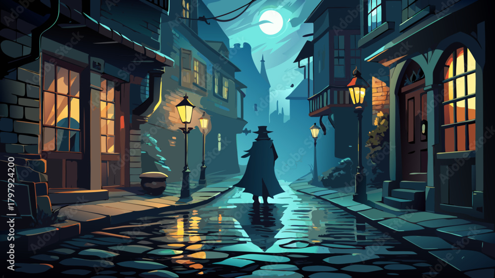 Obraz premium Very beautiful mysterious night alley scene with a lone cloaked figure walking through swirling mist, dim lantern light reflecting on wet cobblestones, and an eerie, atmospheric sense of quiet suspens