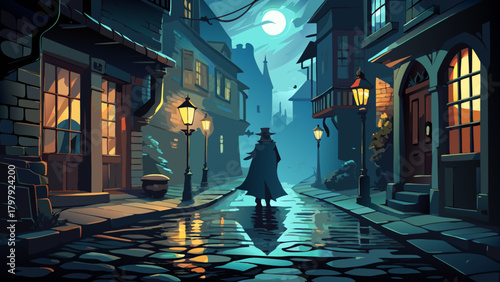 Very beautiful mysterious night alley scene with a lone cloaked figure walking through swirling mist, dim lantern light reflecting on wet cobblestones, and an eerie, atmospheric sense of quiet suspens