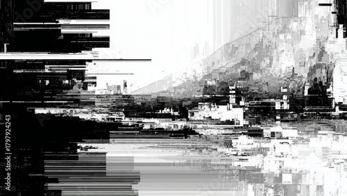Abstract digital glitch art background with black and white pixel distortion Vector, illustration.