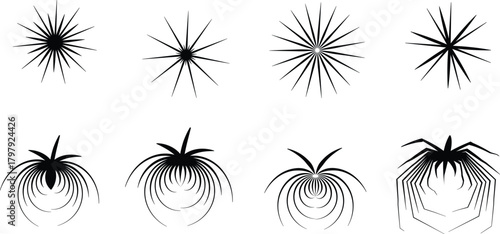 Collection of Geometric Starbursts with Various Ray Counts and Line Styles on Transparent Backdrop