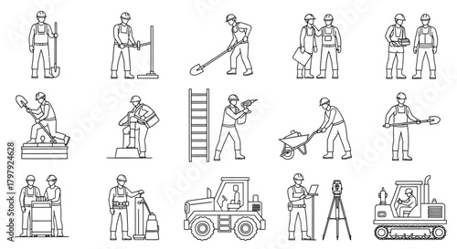 Line art illustration depicting various construction workers and heavy machinery