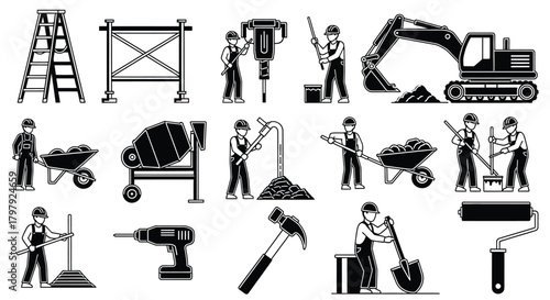 Construction icons featuring workers machinery tools and building materials in black