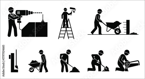 Construction workers performing various tasks drilling painting lifting and digging