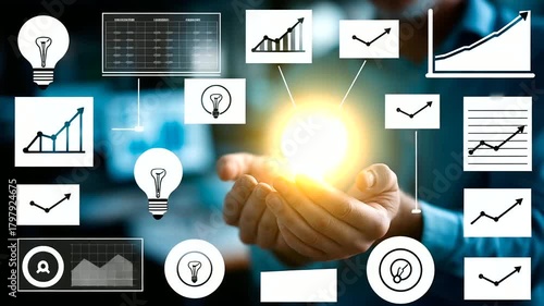 Hands analyzing viral coefficient with lightbulb organic growth insight creative expansion strategy digital marketing multiplication calculations visible face defocused with