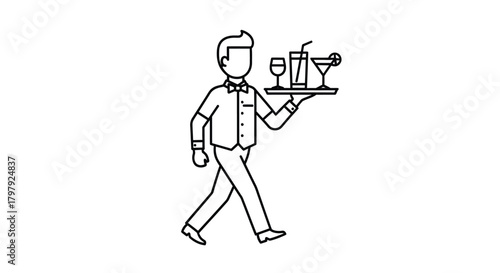 A waiter carrying a tray with drinks in a simple line art style