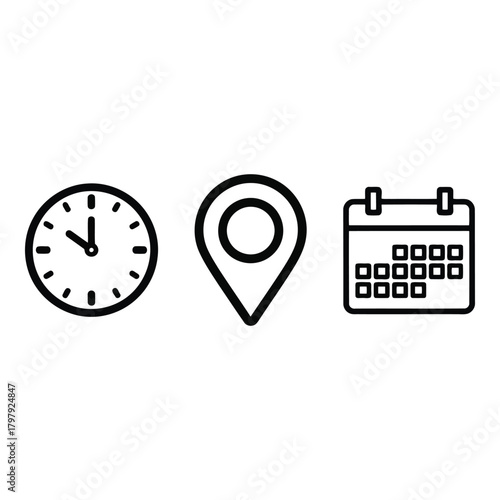 Clock, map pin, and calendar icons