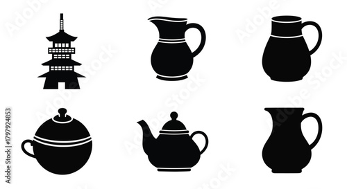 Black silhouette icons depicting a pagoda and various antique pottery vessels