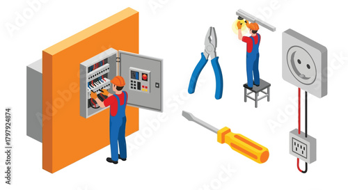 Electrical panel maintenance with electrician tools and safety equipment illustrated