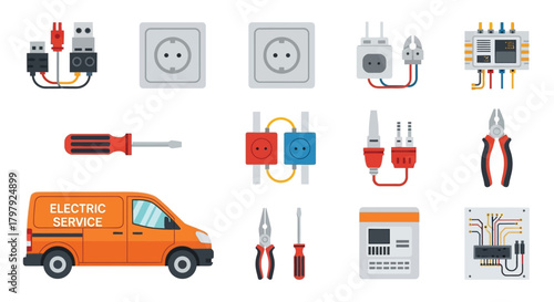 Electrical components tools and service van depicted in a flat vector illustration