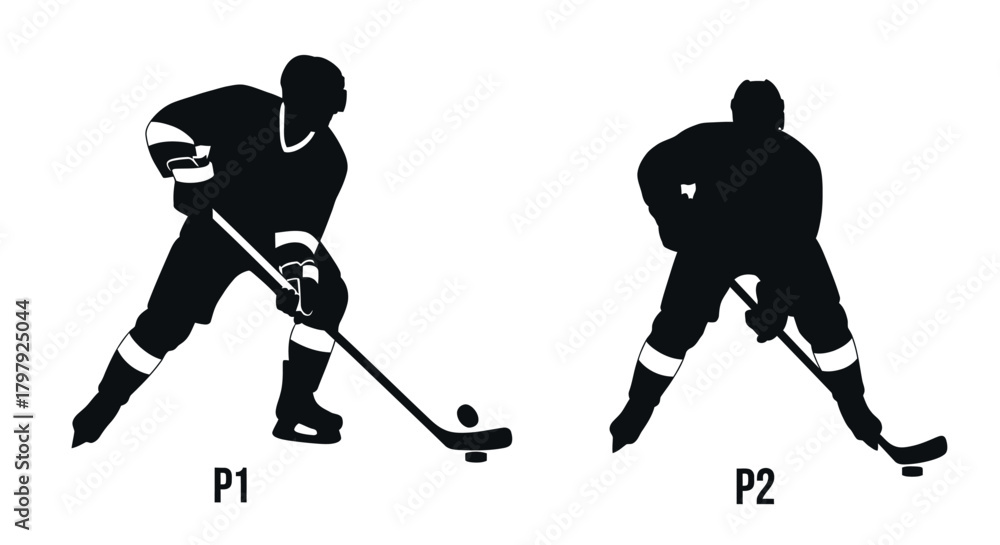 Fototapeta premium Ice hockey player silhouettes in dynamic action with stick and puck