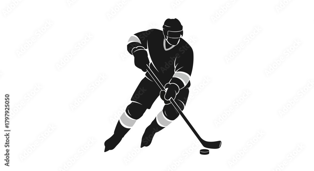 Obraz premium Dynamic ice hockey player with stick and puck on white background