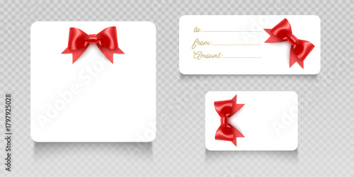 Set of elegant gift cards with red bow Merry Christmas greeting card