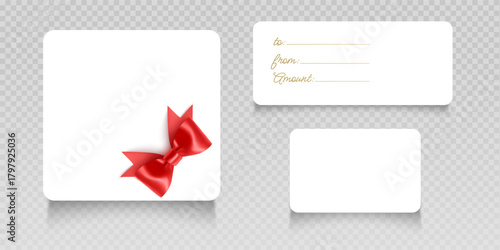 Set of elegant gift cards with red bow Merry Christmas greeting card