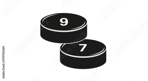 Two black game pieces with numbers 9 and 7, flat vector illustration