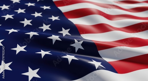 Closeup of the american flag waving, showing the stars and stripes in detail with a realistic texture and dynamic folds, symbolizing patriotism and freedom