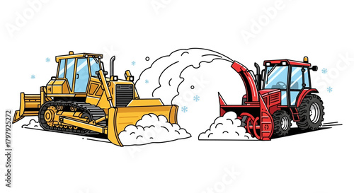Heavy equipment snow removal: bulldozer and snow blower cartoon