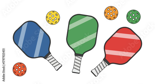 Colorful pickleball paddles and balls for sport illustration