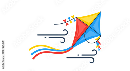 Bright colorful kite with stylized wind lines and striped tail