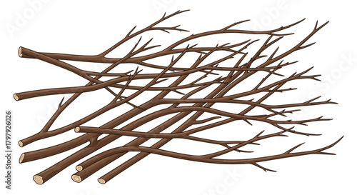 Pile of cut wood branches for kindling and bonfire preparation