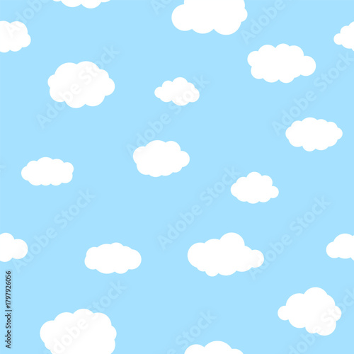 Pattern of white light clouds on a blue background. Simple cartoon style. Seamlessly repeating pattern.