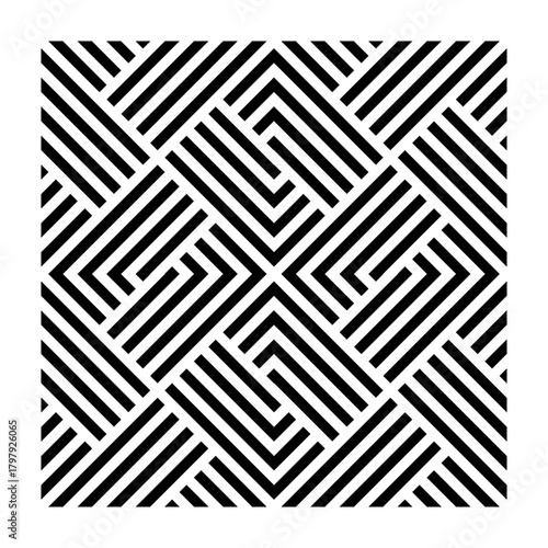 A pattern of black repeating stripes on a white background. A parquet-like woven look. Seamlessly repeating pattern.