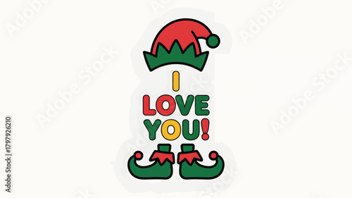 Whimsical christmas elf outfit silhouette with festive i love you message and jingle bells on a white background silhouette