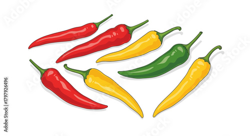 Colorful red yellow green chili peppers scattered illustration
