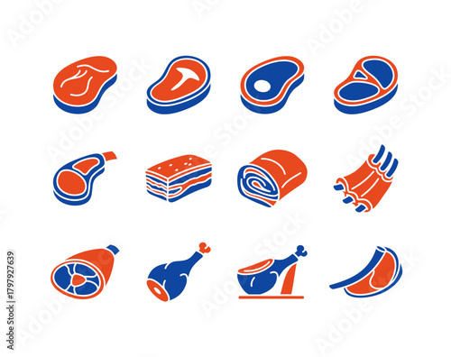 Various Raw Meat Cuts Glyph Icon Set