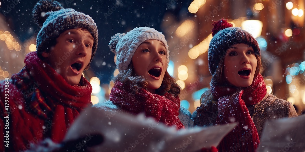 Fototapeta premium Three friends in winter clothes sing carols in a beautifully lit city street at night. A joyful and heartwarming Christmas tradition shared together.